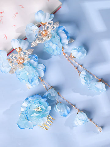 Chinese Style Lolita Accessories Light Sky Blue Flowers Pearls Headwear Metal Miscellaneous