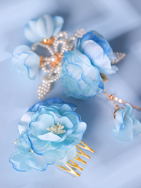 Chinese Style Lolita Accessories Light Sky Blue Flowers Pearls Headwear Metal Miscellaneous