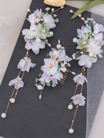 Chinese Style Lolita Accessories Lilac Pearls Chains Flowers Metal Accessory Miscellaneous