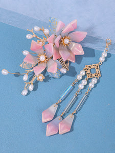 Chinese Style Lolita Accessories Pink Flowers Pearls Headwear Metal Miscellaneous