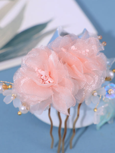 Chinese Style Lolita Accessories Pink Flowers Pearls Headwear Metal Miscellaneous