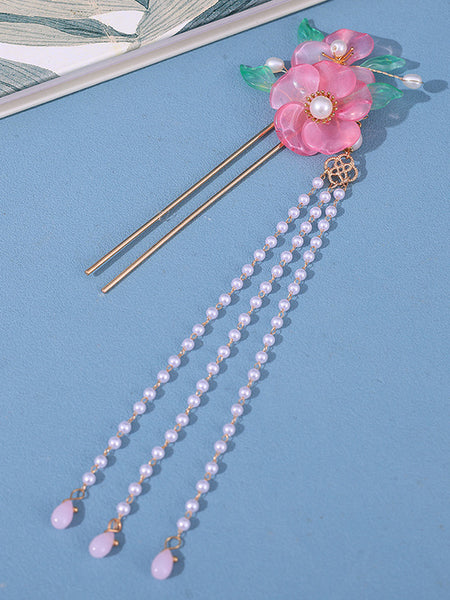 Chinese Style Lolita Accessories Pink Flowers Pearls Metal Headwear Miscellaneous