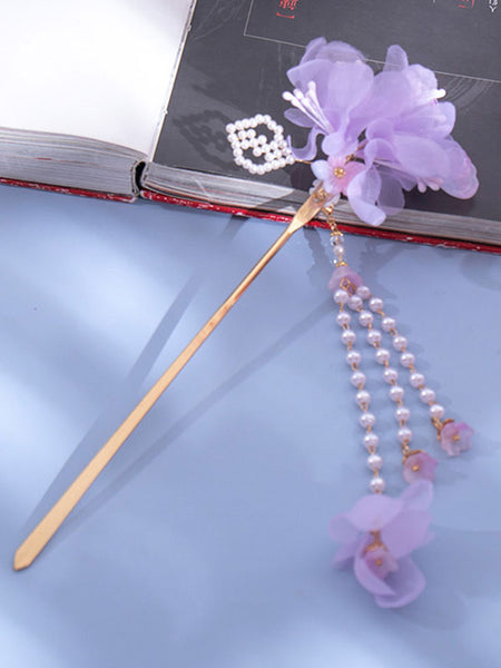 Chinese Style Lolita Accessories Purple Flowers Pearls Accessory Metal Miscellaneous