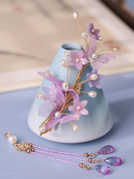 Chinese Style Lolita Accessories Purple Flowers Pearls Metal Headwear Miscellaneous