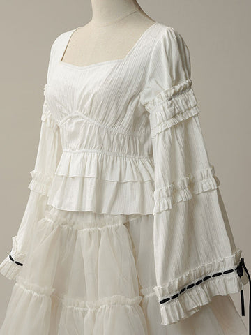 Chinese Style Lolita Blouses Lolita Top Ecru White Long Sleeves Ruffles Lolita Shirt