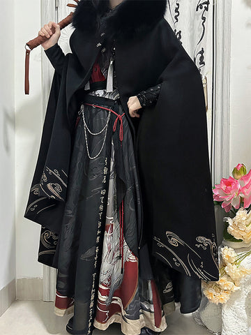 Chinese Style Lolita Cape Chinese Black Polyester Pearls Fringe Metallic Winter Lolita Outwears