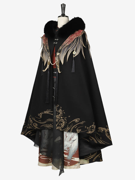 Chinese Style Lolita Cape Chinese Black Polyester Pearls Fringe Metallic Winter Lolita Outwears