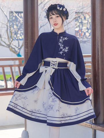 Chinese Style Lolita Dress Bows Long Sleeves Polyester Chinese Style Floral Print Blue Chinese Style Lolita