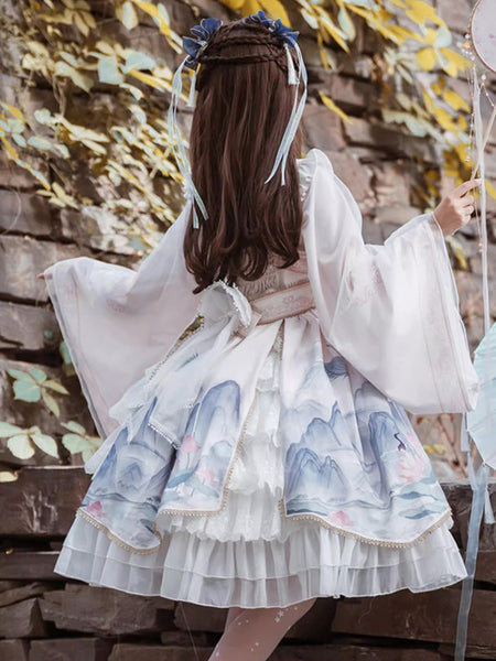 Chinese Style Lolita Dress Bows Long Sleeves Polyester Chinese Style Floral Print Light Sky Blue Chinese Style Lolita