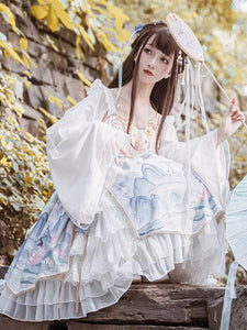 Chinese Style Lolita Dress Bows Long Sleeves Polyester Chinese Style Floral Print Light Sky Blue Chinese Style Lolita