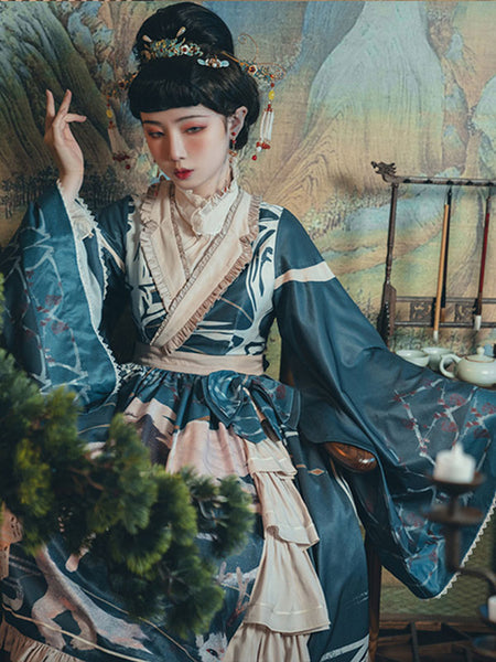 Chinese Style Lolita Dress Bows Long Sleeves Polyester Chinese Style Floral Print Teal Chinese Style Lolita