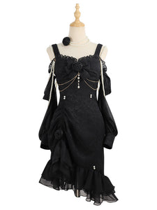 Chinese Style Lolita Dress Bows Long Sleeves Polyester Chinese Style Jacquard Black Chinese Style Lolita