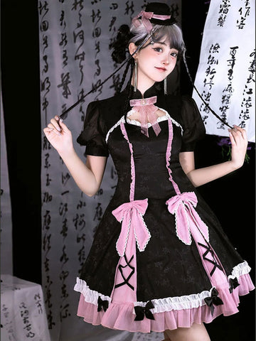 Chinese Style Lolita Dress Bows Short Sleeves Polyester Chinese Style Black Chinese Style Lolita