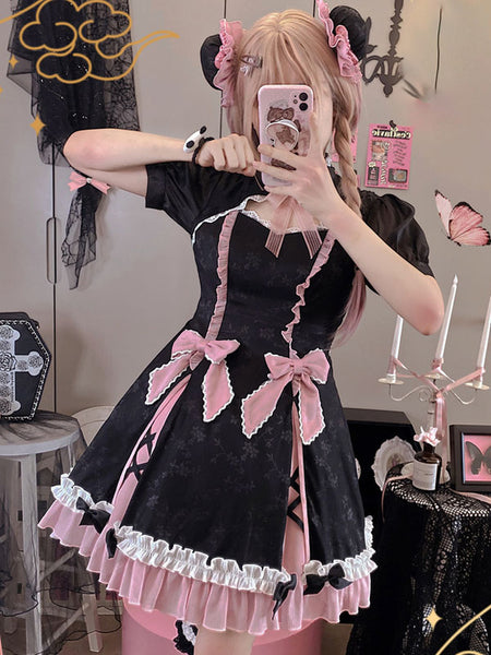 Chinese Style Lolita Dress Bows Short Sleeves Polyester Chinese Style Black Chinese Style Lolita
