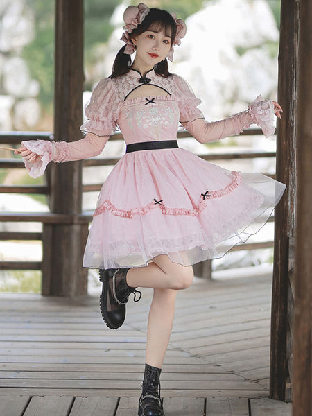 Chinese Style Lolita Dress Bows Short Sleeves Polyester Chinese Style Lace Black Chinese Style Lolita