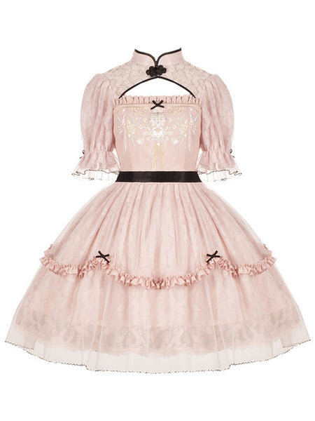 Chinese Style Lolita Dress Bows Short Sleeves Polyester Chinese Style Lace Black Chinese Style Lolita