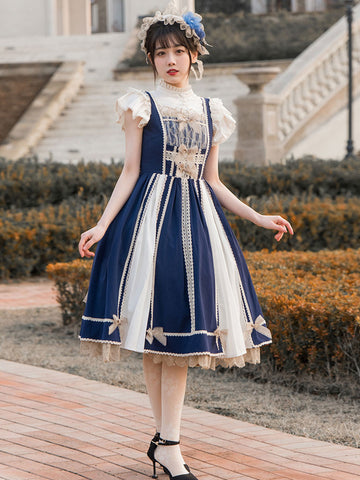 Chinese Style Lolita Dress Bows Sleeveless Polyester Chinese Style Dark Navy Chinese Style Lolita