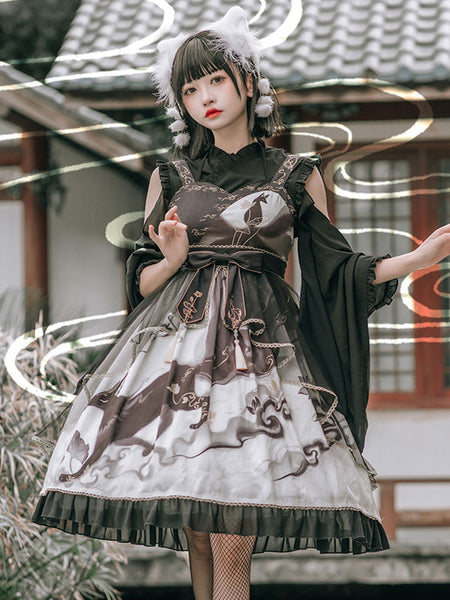 Chinese Style Lolita Dress Bows Sleeveless Polyester Chinese Style Floral Print White Chinese Style Lolita