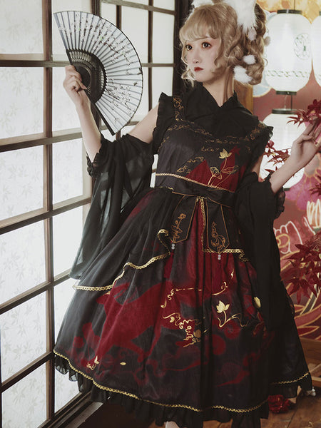 Chinese Style Lolita Dress Bows Sleeveless Polyester Chinese Style Floral Print White Chinese Style Lolita
