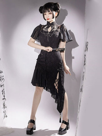 Chinese Style Lolita Dress Chains Short Sleeves Cotton Chinese Style Jacquard Black Chinese Style Lolita