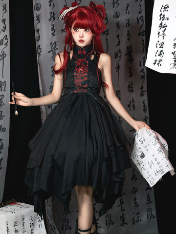 Chinese Style Lolita Dress Chains Sleeveless Polyester Chinese Style Ink Art Black Chinese Style Lolita