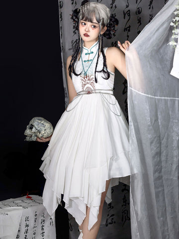 Chinese Style Lolita Dress Chains Sleeveless Polyester Chinese Style Ink Art White Chinese Style Lolita