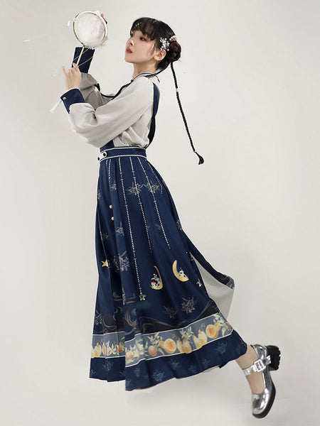 Chinese Style Lolita Dress Crochet Long Sleeves Polyester Chinese Style Floral Print Dark Navy Chinese Style Lolita