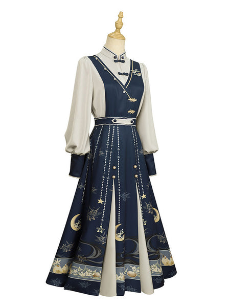 Chinese Style Lolita Dress Crochet Long Sleeves Polyester Chinese Style Floral Print Dark Navy Chinese Style Lolita