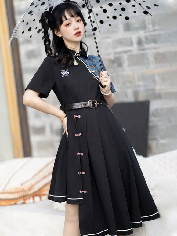 Chinese Style Lolita Dress Fringe Short Sleeves Polyester Chinese Style Floral Print Black Chinese Style Lolita