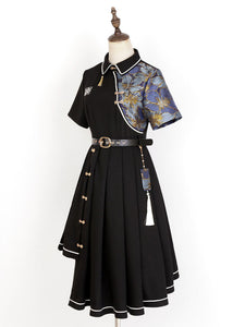 Chinese Style Lolita Dress Fringe Short Sleeves Polyester Chinese Style Floral Print Black Chinese Style Lolita