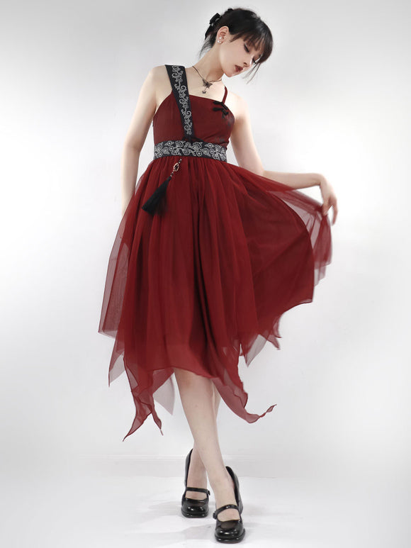 Chinese Style Lolita Dress Fringe Sleeveless Polyester Chinese Style Color Block Red Chinese Style Lolita