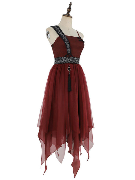 Chinese Style Lolita Dress Fringe Sleeveless Polyester Chinese Style Color Block Red Chinese Style Lolita
