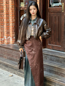 Chinese Style Lolita Dress Grommets Long Sleeves Polyester Chinese Style Leaf Pattern Coffee Brown Chinese Style Lolita