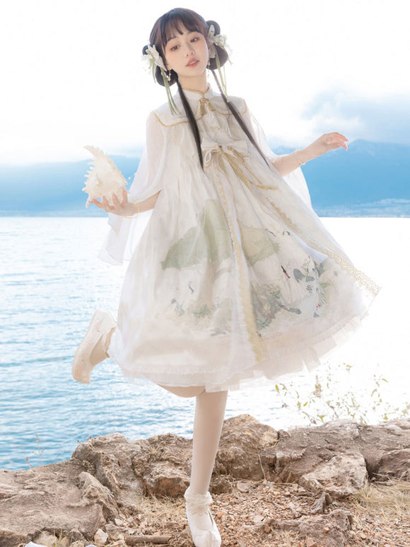 Chinese Style Lolita Dress Lace Sleeveless Polyester Chinese Style Floral Print White Chinese Style Lolita