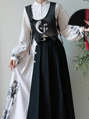 Chinese Style Lolita Dress Lace Up Long Sleeves Chiffon Chinese Style Leaf Pattern Black Chinese Style Lolita