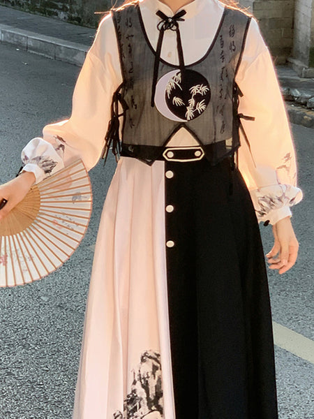 Chinese Style Lolita Dress Lace Up Long Sleeves Chiffon Chinese Style Leaf Pattern Black Chinese Style Lolita