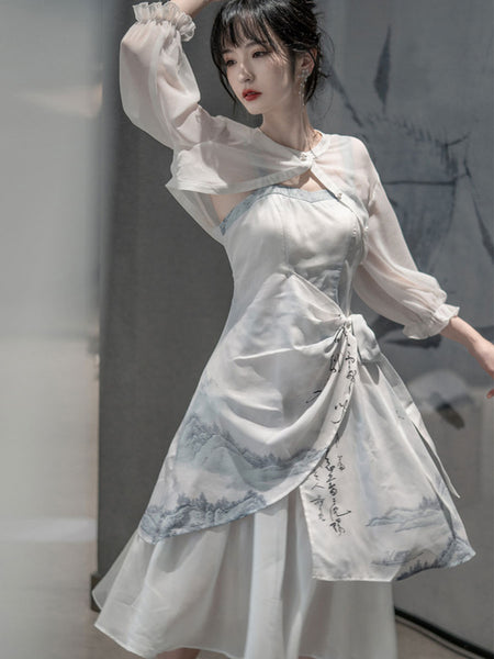 Chinese Style Lolita Dress Pleated Sleeveless Polyester Chinese Style Ink Art Baby Blue Chinese Style Lolita