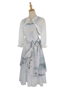 Chinese Style Lolita Dress Pleated Sleeveless Polyester Chinese Style Ink Art Baby Blue Chinese Style Lolita