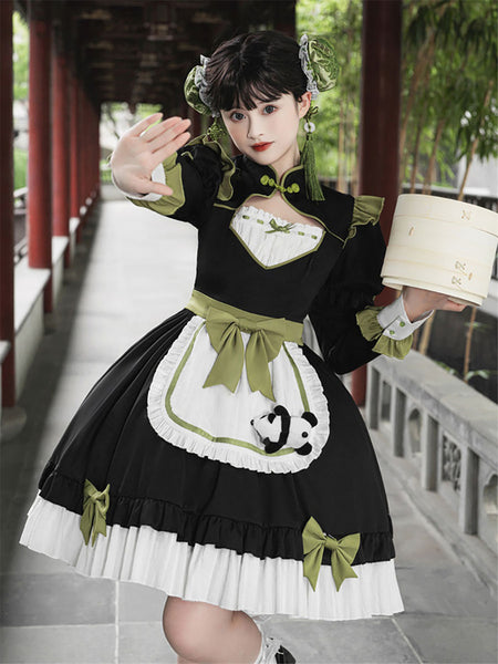 Chinese Style Lolita Dress Ruffles Long Sleeves Polyester Chinese Style Panda Black Chinese Style Lolita
