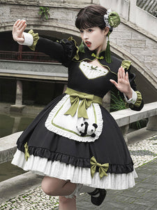 Chinese Style Lolita Dress Ruffles Long Sleeves Polyester Chinese Style Panda Black Chinese Style Lolita