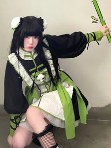 Chinese Style Lolita Dress Ruffles Long Sleeves Polyester Chinese Style Panda Green Chinese Style Lolita