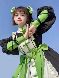 Chinese Style Lolita Dress Ruffles Long Sleeves Polyester Chinese Style Panda Green Chinese Style Lolita