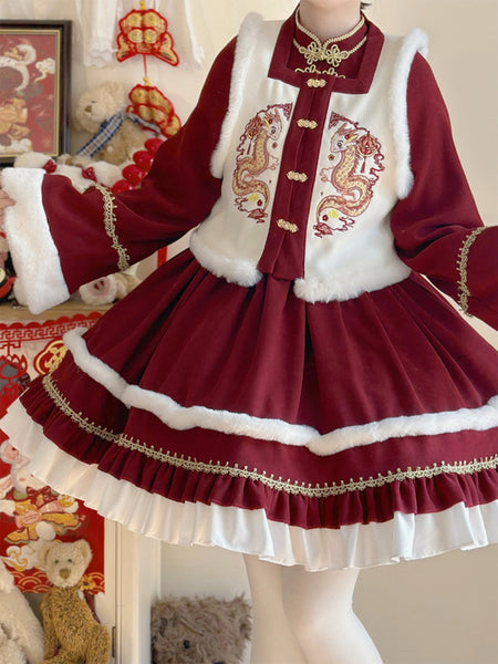 Chinese Style Lolita Dress Ruffles Long Sleeves Polyester Chinese Style Red Chinese Style Lolita