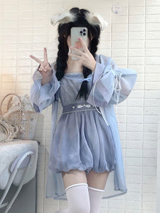 Chinese Style Lolita Outfits Baby Blue Beaded Lace Up Floral Print Long Sleeves Pants Blouse Top