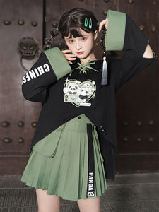 Chinese Style Lolita Outfits Black Panda Lace Up Long Sleeves Skirt Top
