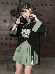Chinese Style Lolita Outfits Black Panda Lace Up Long Sleeves Skirt Top