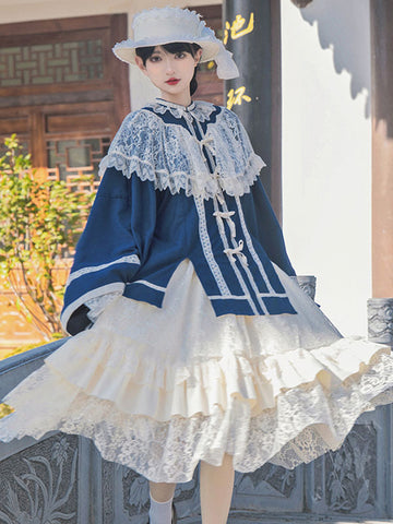 Chinese Style Lolita Outfits Blue Lace Lace Long Sleeves Choker Top