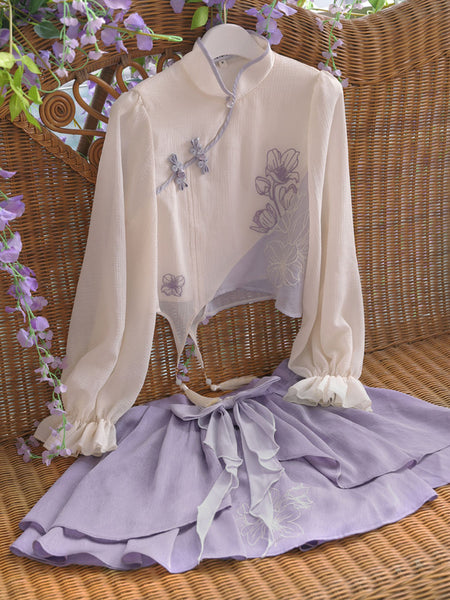 Chinese Style Lolita Outfits Deep Purple Fringe Bows Floral Print Long Sleeves Skirt Top