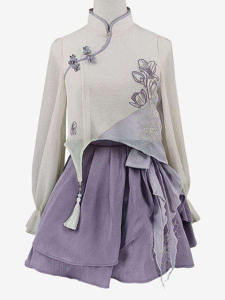 Chinese Style Lolita Outfits Deep Purple Fringe Bows Floral Print Long Sleeves Skirt Top