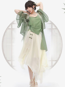 Chinese Style Lolita Outfits Green Long Sleeves Overcoat Long Skirt Top